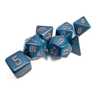 chx DICE SET 7 OPAQUE DUSTY BLUE w/ COPPER
