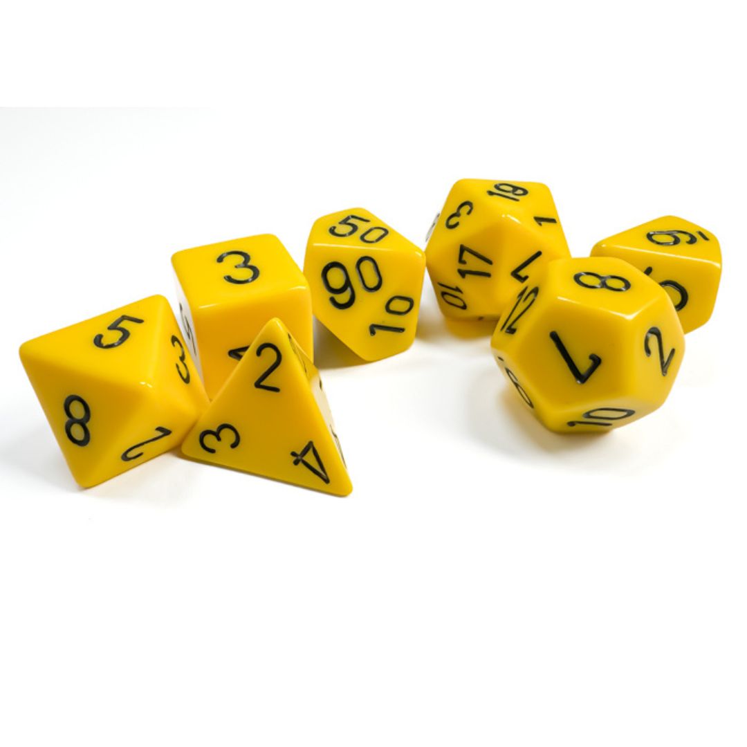 chx DICE SET 7 OPAQUE YELLOW w/ BLACK