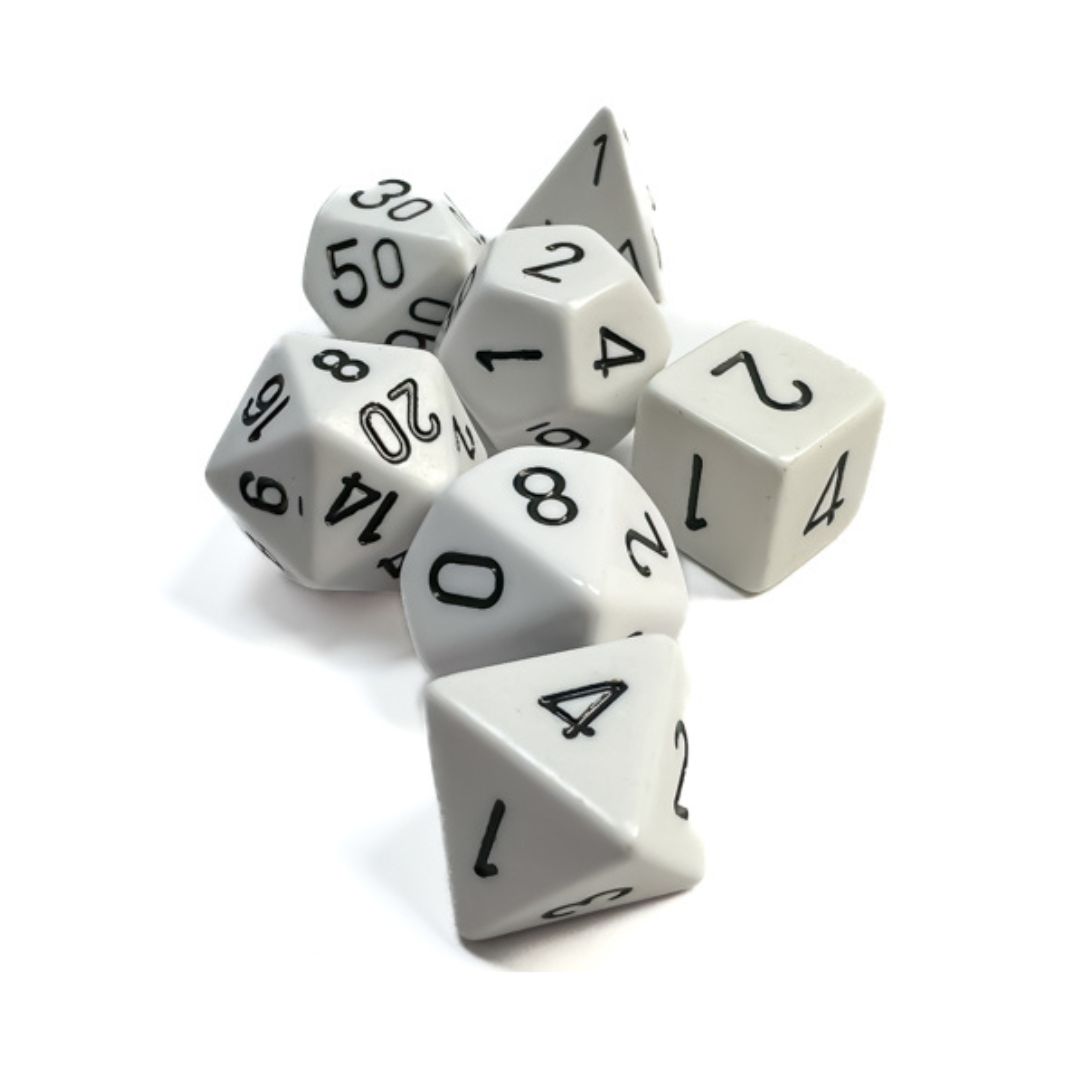 chx DICE SET 7 OPAQUE WHITE w/ BLACK