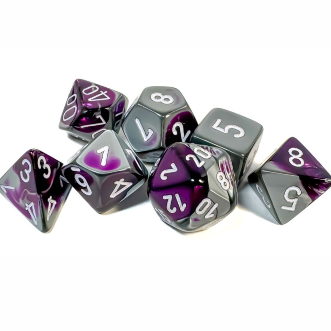chx DICE SET 7 GEMINI PURPLE-STEEL w/ WHITE