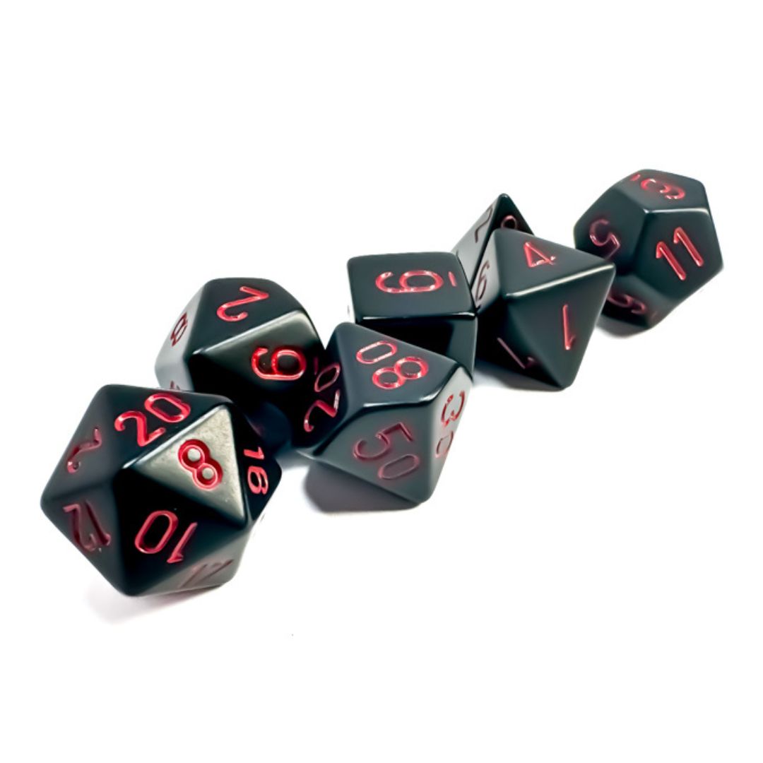 chx DICE SET 7 OPAQUE BLACK w/ RED