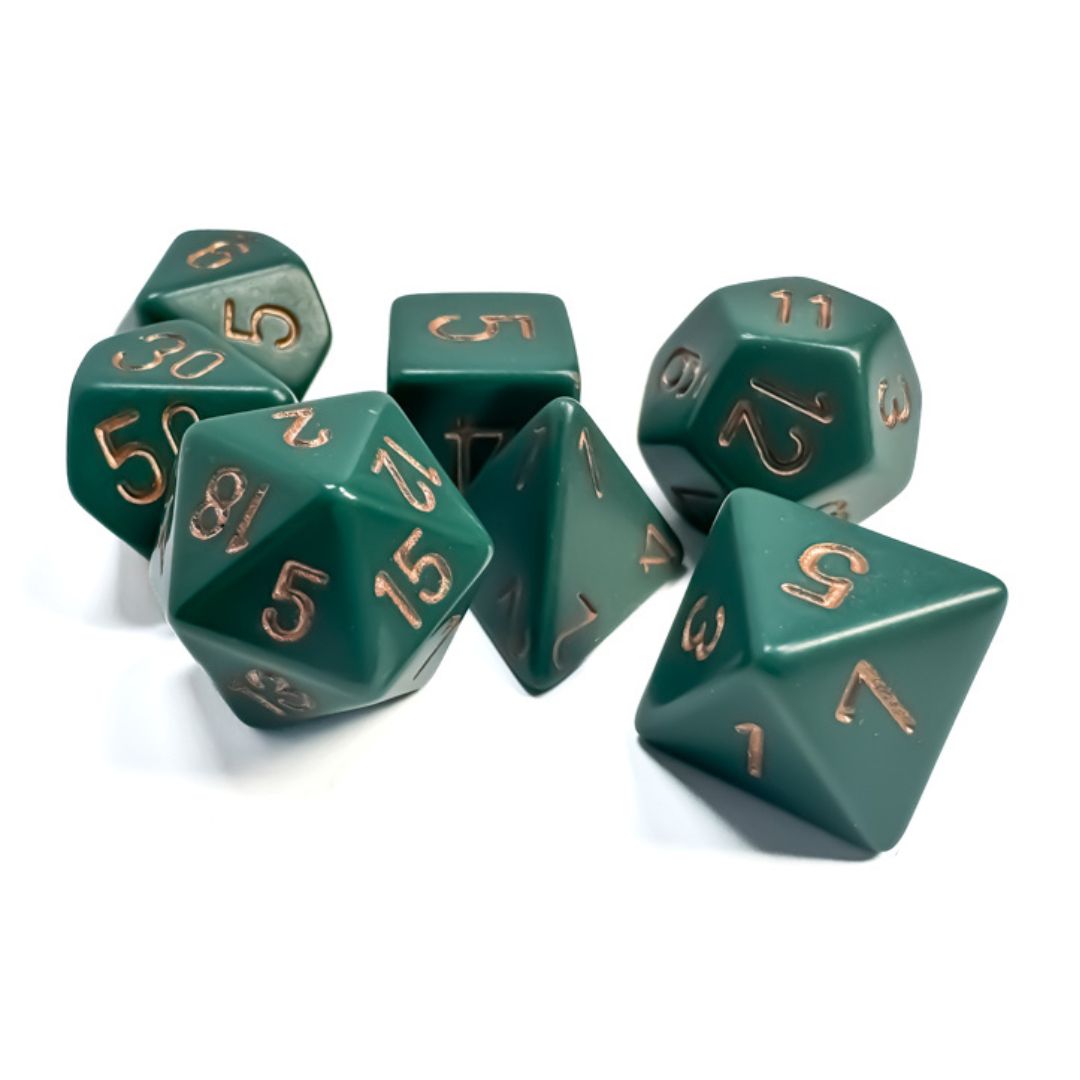 chx DICE SET 7 OPAQUE DUSTY GREEN w/ COPPER