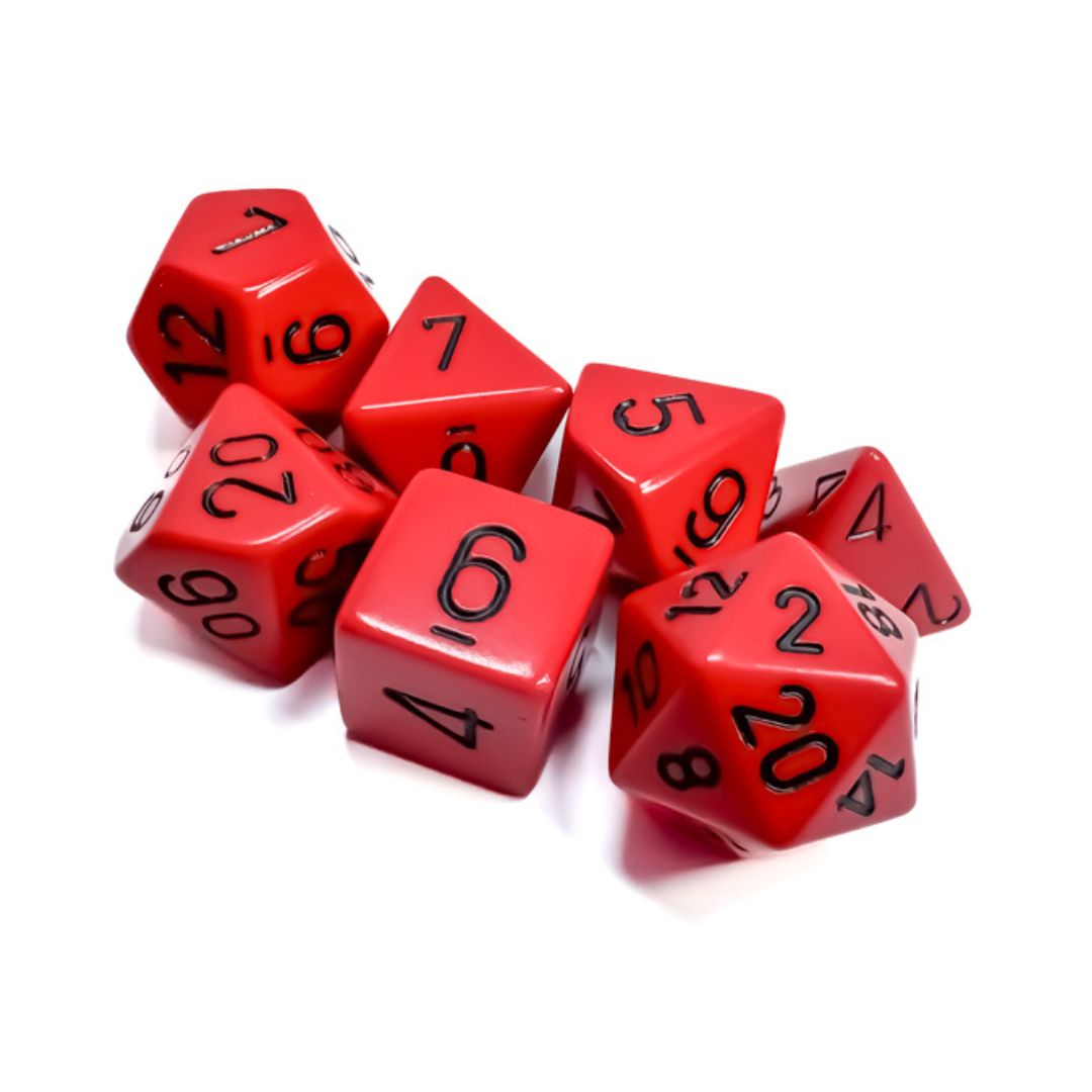 chx DICE SET 7 OPAQUE RED w/ BLACK