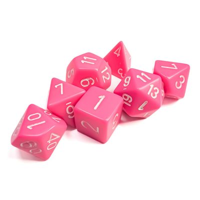 chx DICE SET 7 OPAQUE PINK w/ WHITE