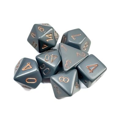 chx DICE SET 7 OPAQUE DARK GREY w/ COPPER