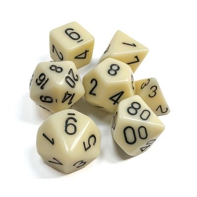 chx DICE SET 7 OPAQUE IVORY w/ BLACK