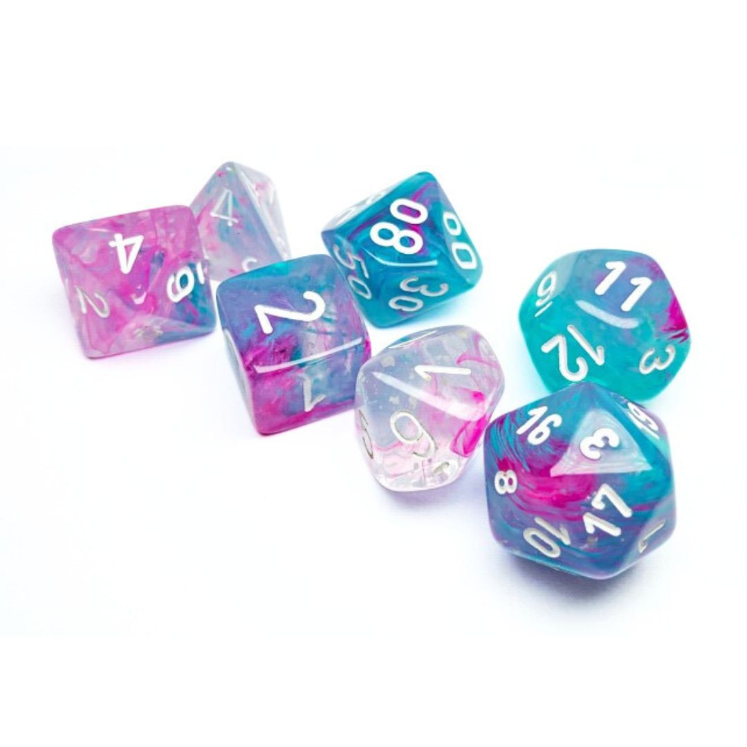 chx DICE SET 7 NEBULA WISTERIA w/ WHITE LUMINARY