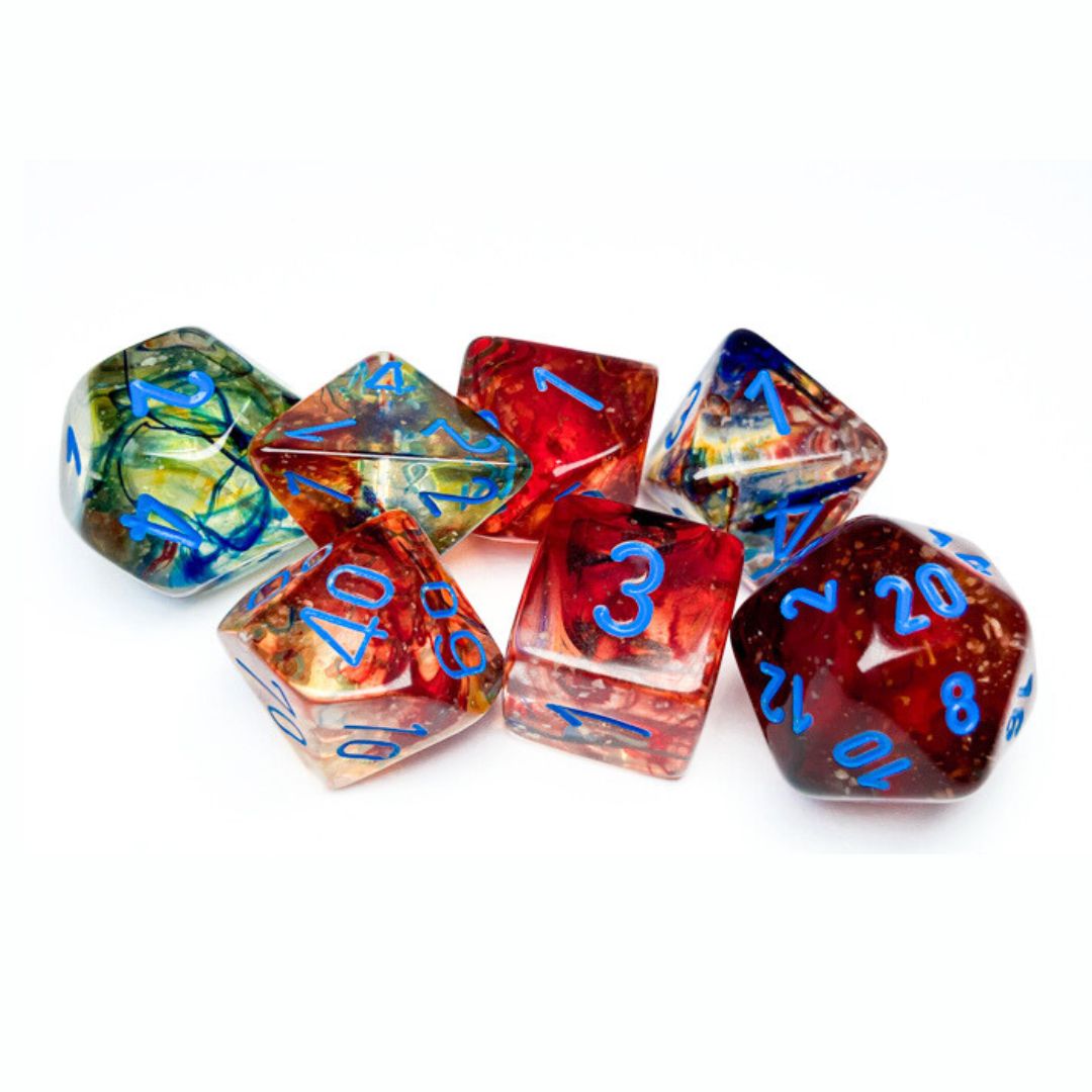 chx DICE SET 7 NEBULA PRIMARY w/ BLUE LUMINARY