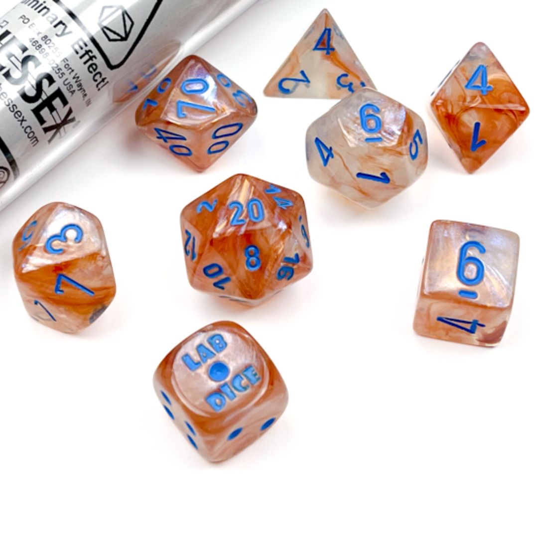 chx DICE SET 7+1 LAB BOREALIS ROSE GOLD w/ BLUE LUMINARY