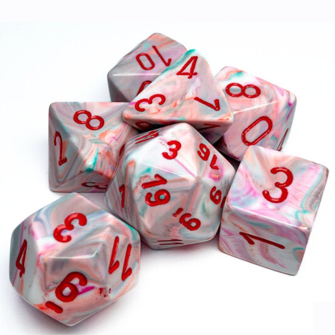 chx DICE SET 7 FESTIVE POP ART w/ RED