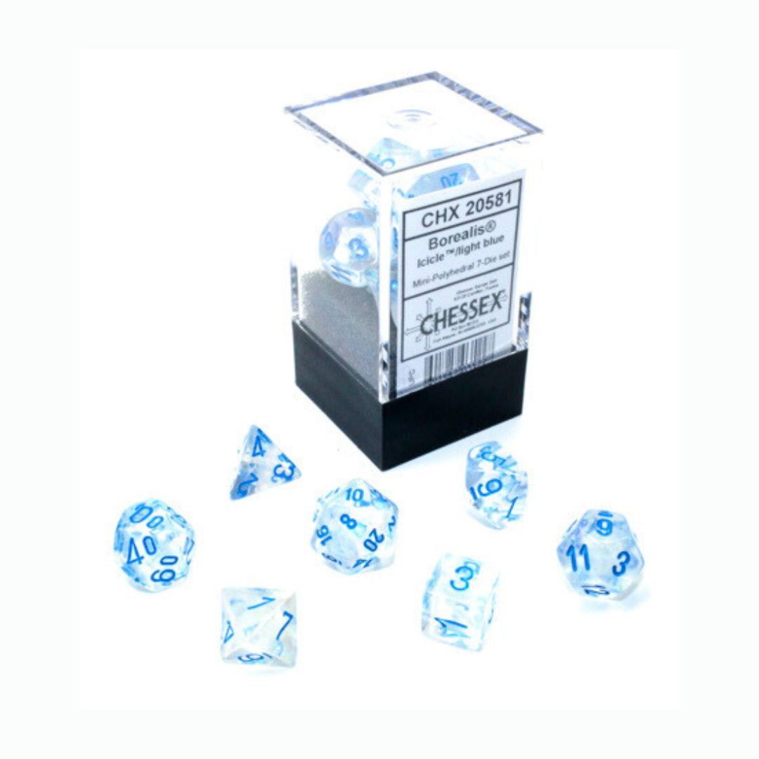 chx DICE SET 7 MINI BOREALIS ICICLE w/ LIGHT BLUE LUMINARY