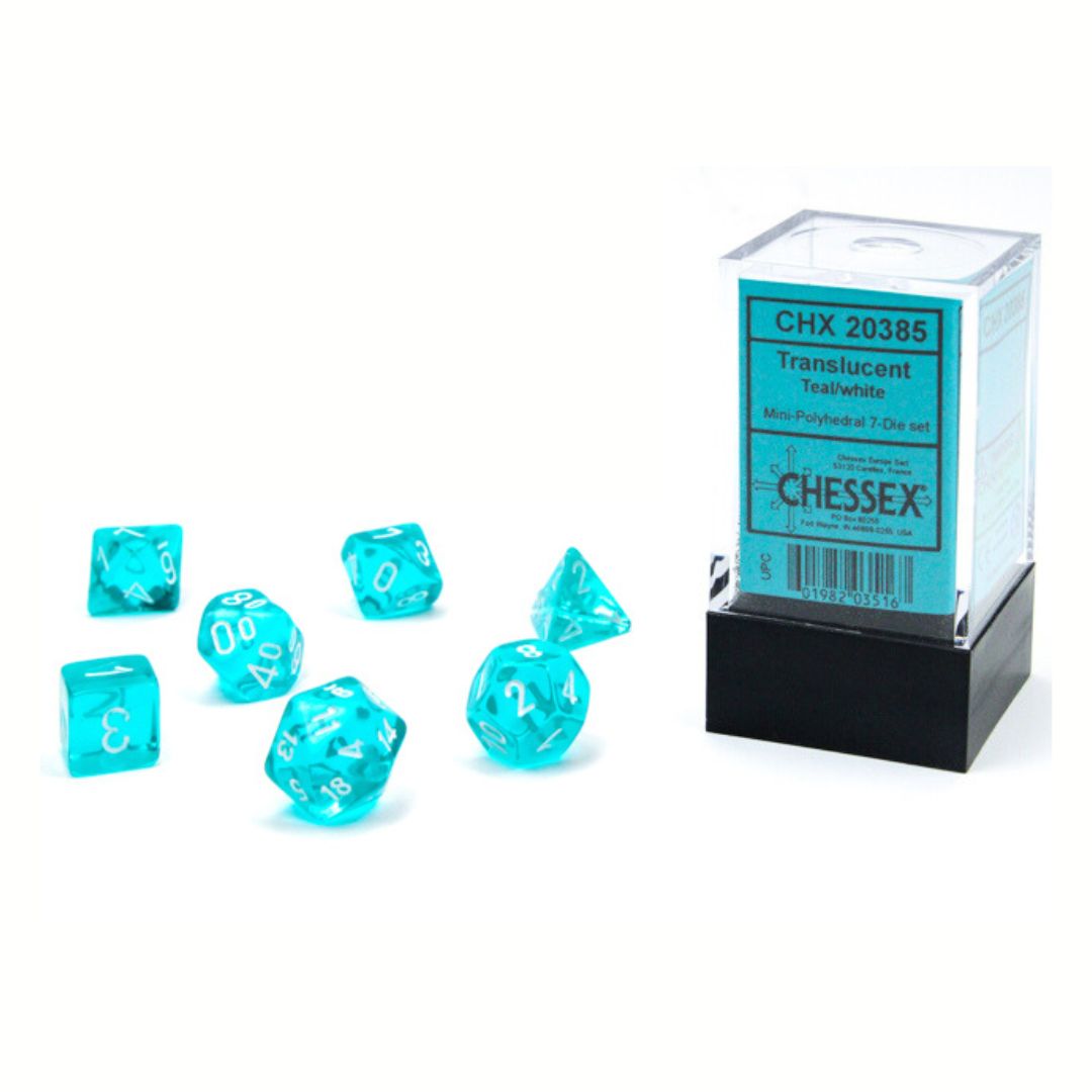 chx DICE SET 7 MINI TRANSLUCENT TEAL w/ WHITE