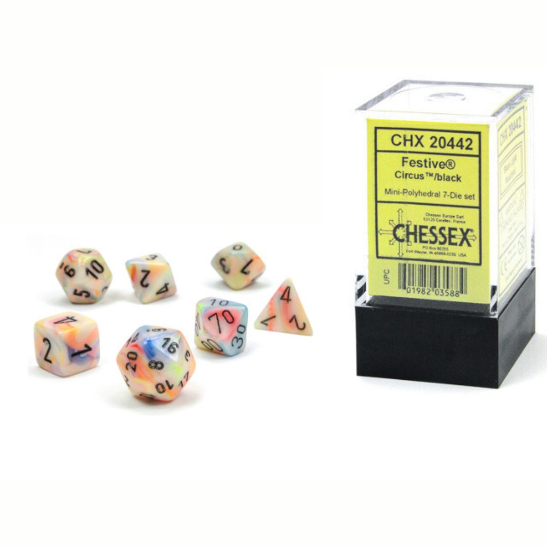 chx DICE SET 7 MINI FESTIVE CIRCUS w/ BLACK