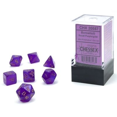 chx DICE SET 7 MINI BOREALIS ROYAL PURPLE w/ GOLD LUMINARY