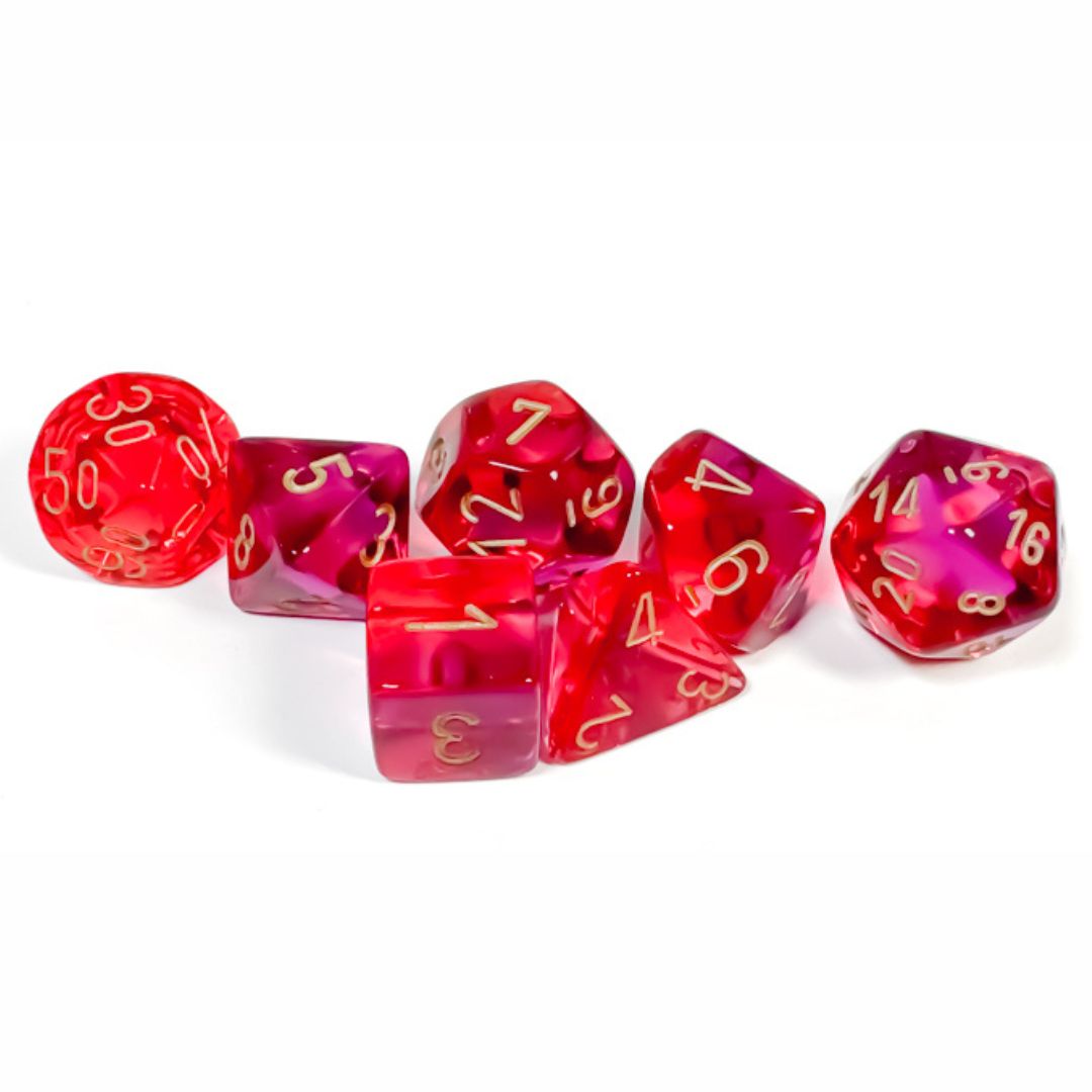 chx DICE SET 7 GEMINI TRANSLUCENT RED-VIOLET w/ GOLD