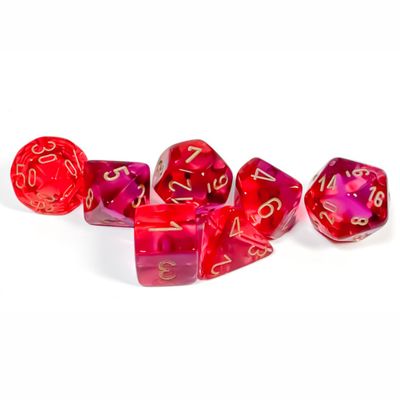 chx DICE SET 7 GEMINI TRANSLUCENT RED-VIOLET w/ GOLD