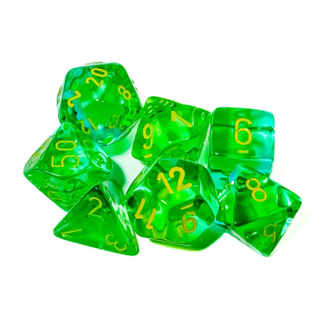 chx DICE SET 7 GEMINI TRANSLUCENT GREEN-TEAL w/ YELLOW