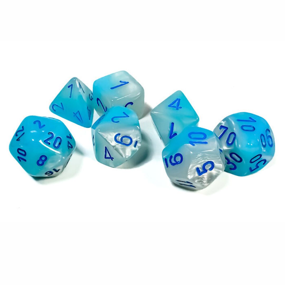 chx DICE SET 7 GEMINI PEARL TURQUOISE-WHITE w/ BLUE LUMINARY