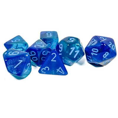 chx DICE SET 7 GEMINI BLUE-BLUE w/ LIGHT BLUE LUMINARY