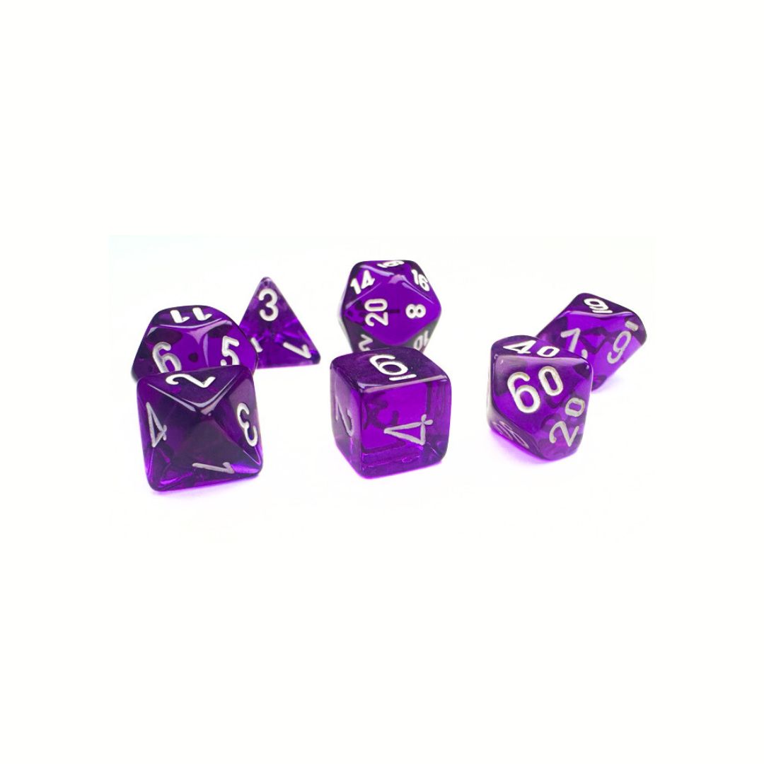chx DICE SET 7 MINI TRANSLUCENT PURPLE w/ WHITE