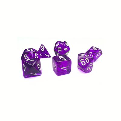 chx DICE SET 7 MINI TRANSLUCENT PURPLE w/ WHITE