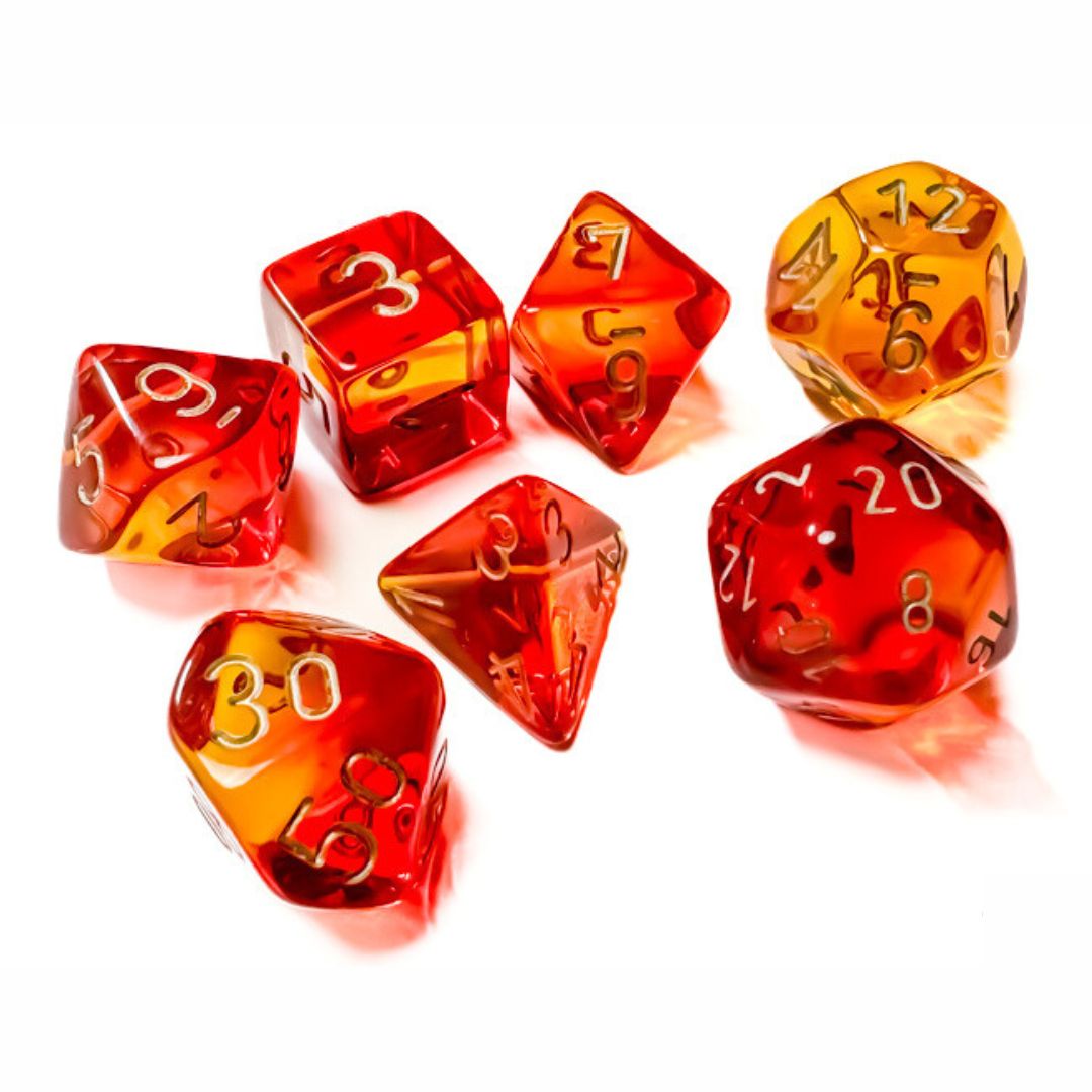 chx DICE SET 7 GEMINI TRANSLUCENT RED-YELLOW w/ GOLD