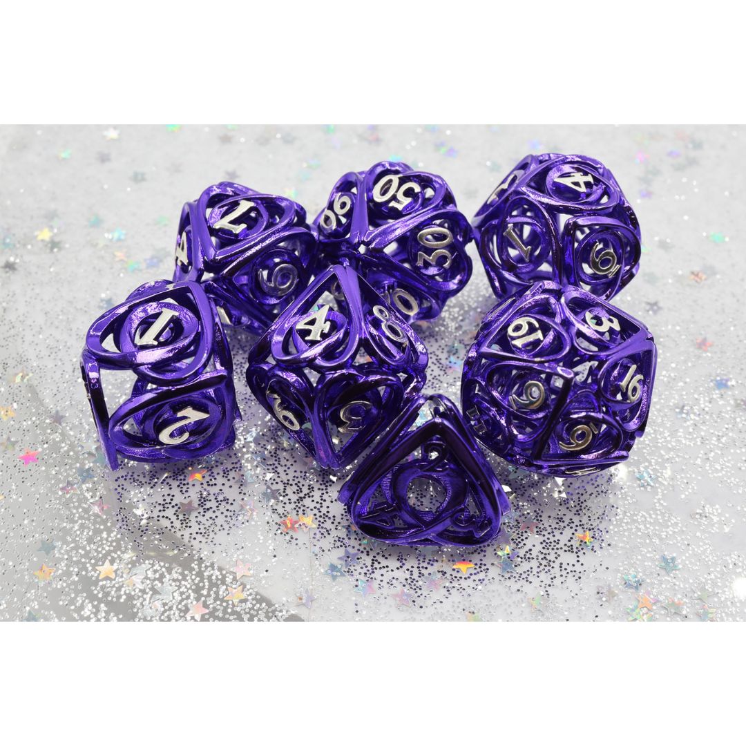 fb DICE SET 7 METAL HOLLOW HEARTS PURPLE