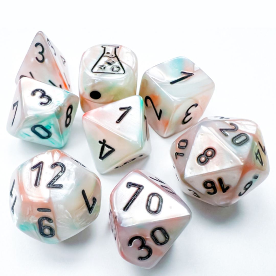 chx DICE SET 7+1 LAB LUSTROUS SEA SHELL w/ BLACK LUMINARY