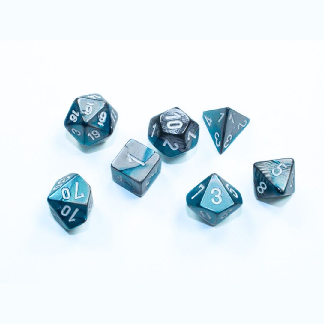 chx DICE SET 7 MINI GEMINI STEEL-TEAL w/ WHITE