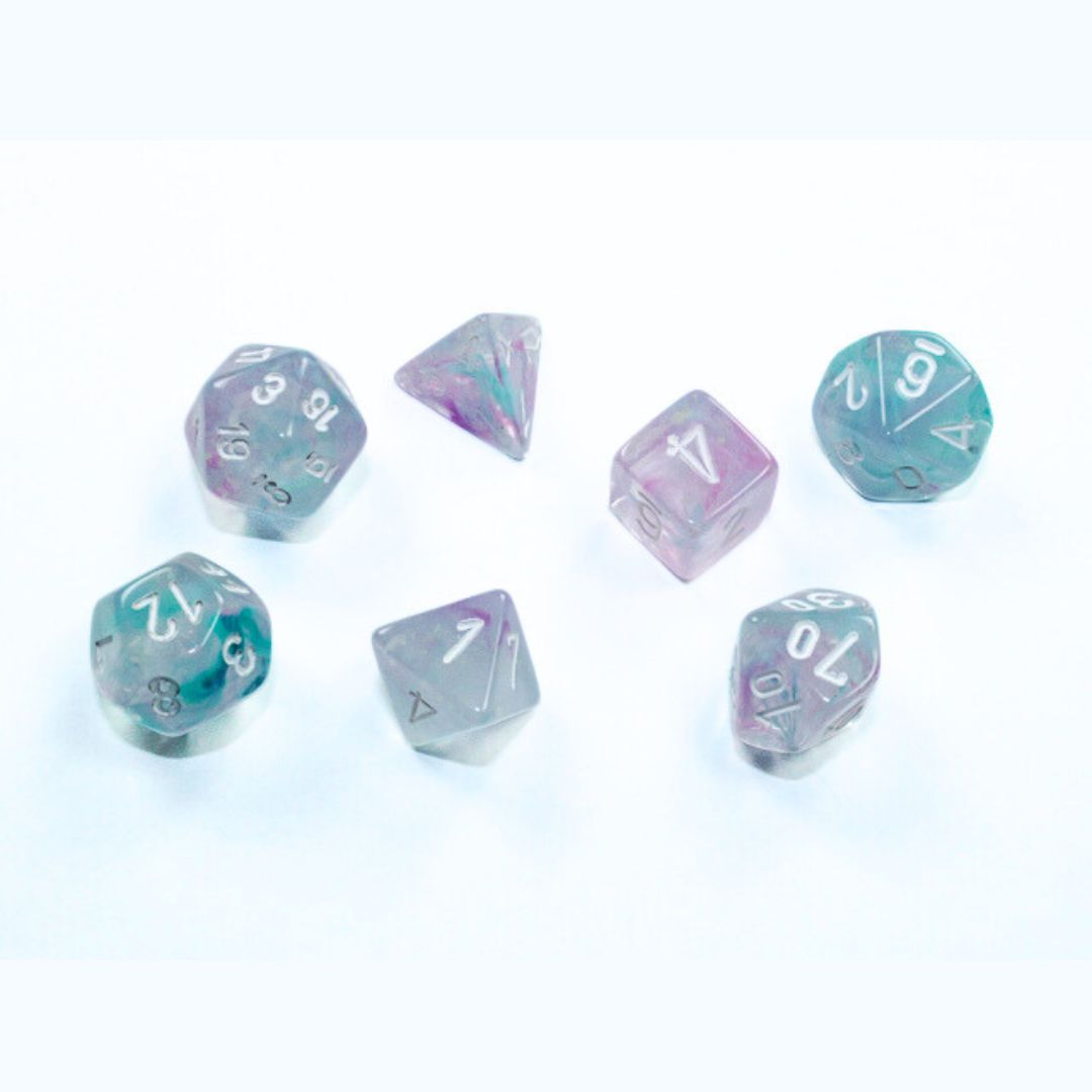 chx DICE SET 7 MINI NEBULA WISTERIA w/ WHITE