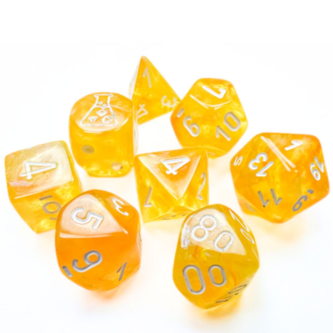 chx DICE SET 7+1 LAB BOREALIS CANARY w/ WHITE LUMINARY
