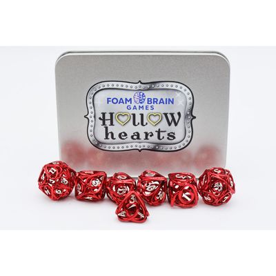 fb DICE SET 7 METAL HOLLOW HEARTS RED