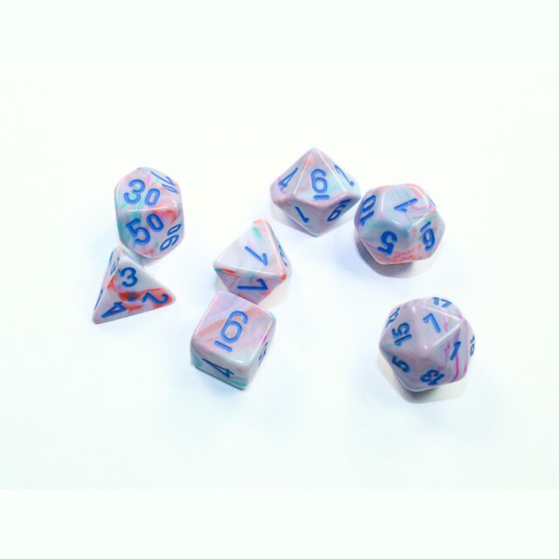 chx DICE SET 7 MINI FESTIVE POP ART w/ BLUE