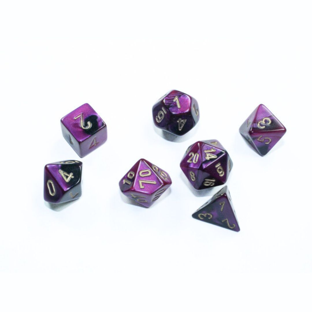 chx DICE SET 7 MINI GEMINI BLACK-PURPLE w/ GOLD