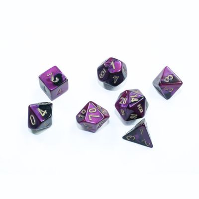 chx DICE SET 7 MINI GEMINI BLACK-PURPLE w/ GOLD
