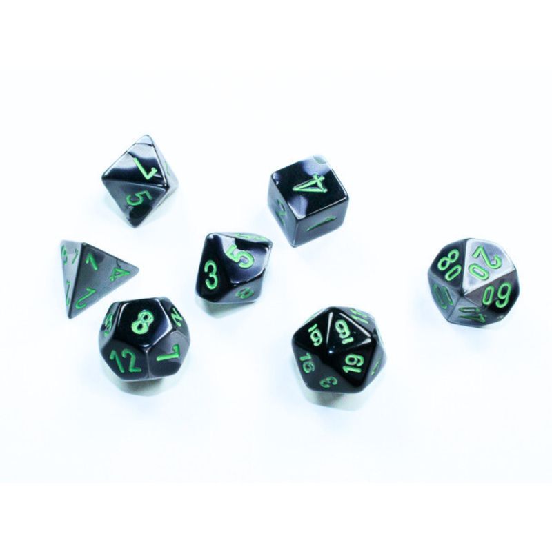 chx DICE SET 7 MINI GEMINI BLACK-GREY w/ GREEN