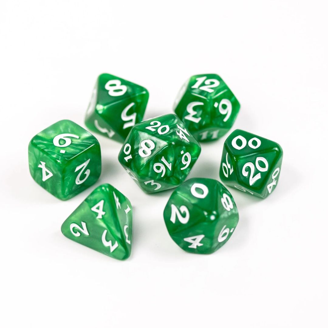dh DICE SET 7 ELESSIA ESSENTIALS GREEN w/ WHITE