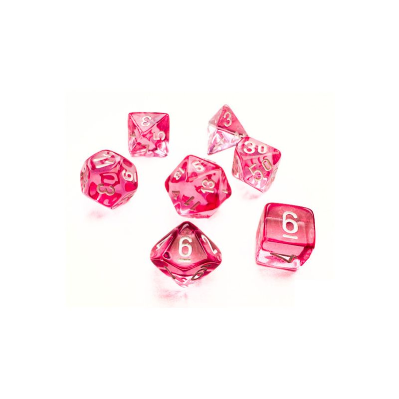 chx DICE SET 7 MINI TRANSLUCENT PINK w/ WHITE