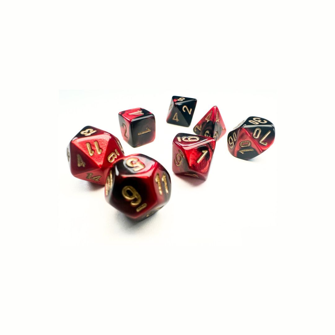 chx DICE SET 7 MINI GEMINI BLACK-RED w/ GOLD