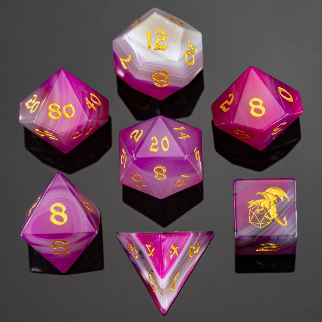 hym DICE SET 7 GEMSTONE ROSE AGATE w/ GOLD