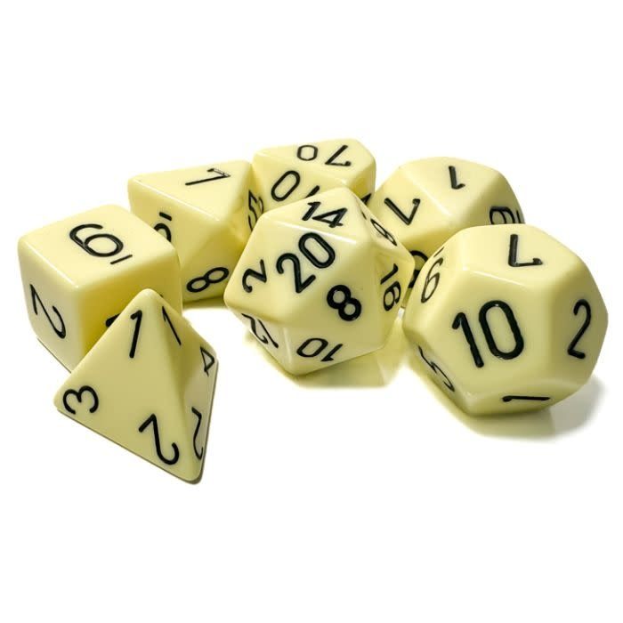 chx DICE SET 7 OPAQUE PASTEL YELLOW w/ BLACK
