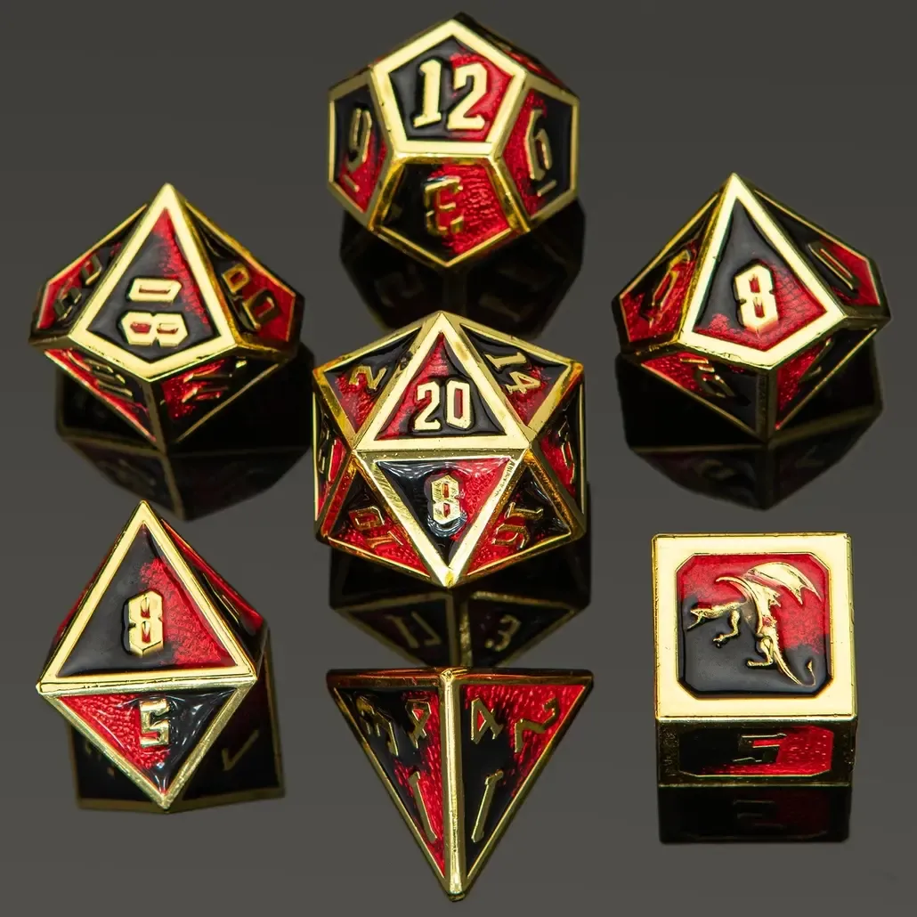 hym DICE SET 7 METAL DRACONIS GOLD w/ RED &amp; BLACK
