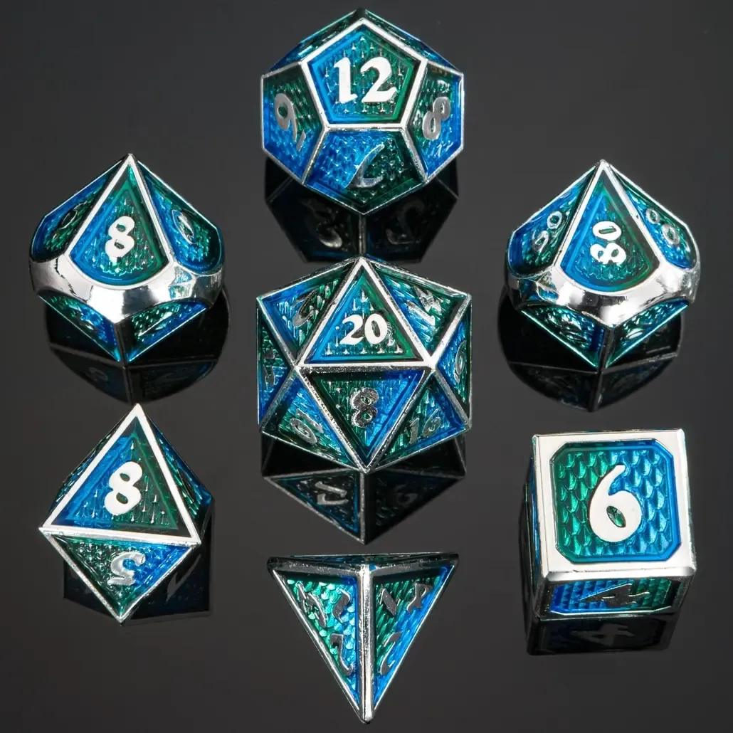 hym DICE SET 7 METAL BEHEMOTH SILVER w/ GREEN &amp; BLUE