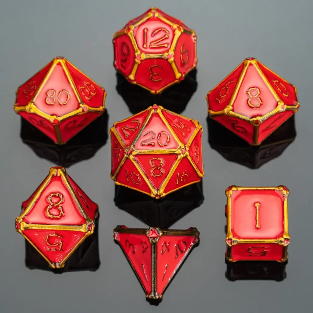 hym DICE SET 7 METAL BONE COLLECTOR RED w/ GOLD
