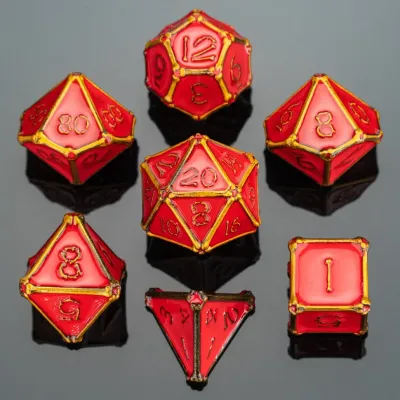 hym DICE SET 7 METAL BONE COLLECTOR RED w/ GOLD