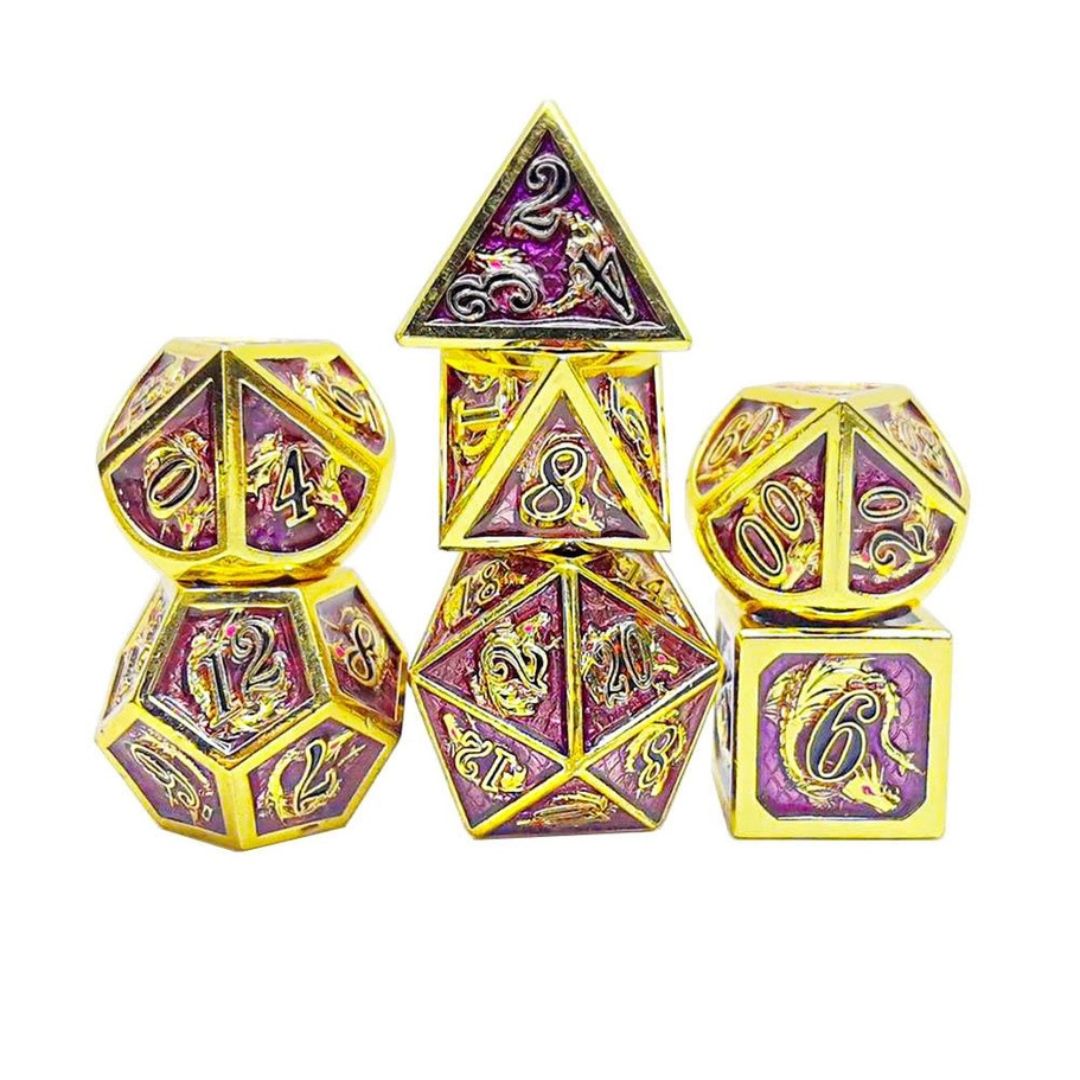 hym DICE SET 7 METAL DRAGON GOLD w/ PURPLE
