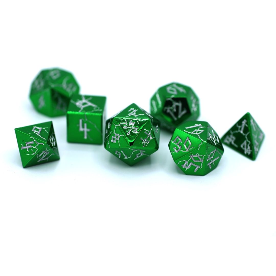 hym DICE SET 7 METAL BARBARIAN GREEN CHROME w/ SILVER