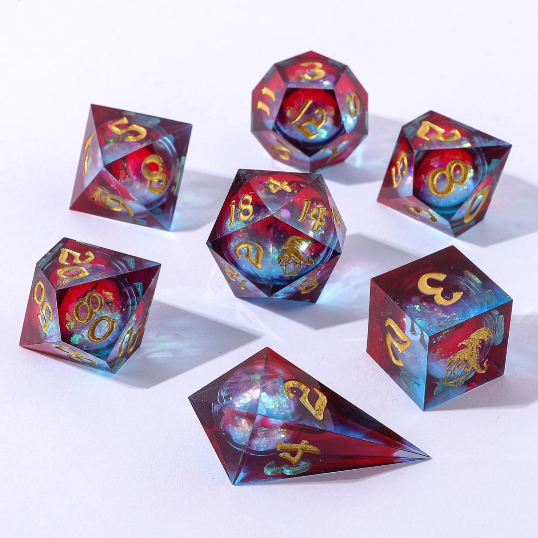 hym DICE SET 7 LIQUID CORE ELEMENTAL MANA RED-BLUE w/ GOLD