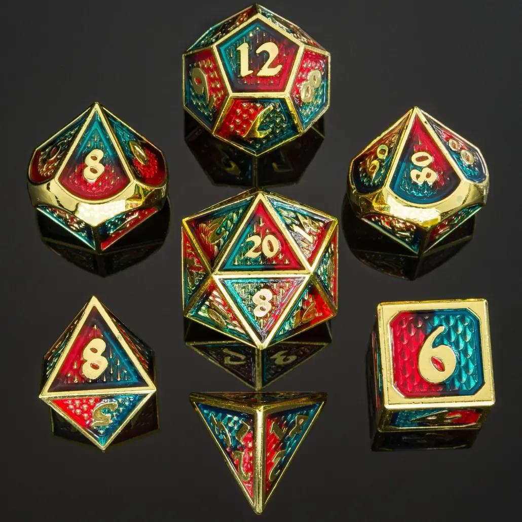 hym DICE SET 7 METAL BEHEMOTH GOLD w/ RED &amp; BLUE