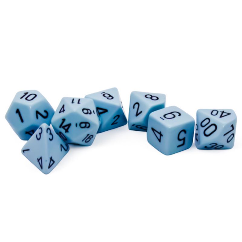 chx DICE SET 7 OPAQUE PASTEL BLUE w/ BLACK